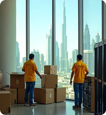 Movers delivering furniture and boxes to a high-rise office in Dubai