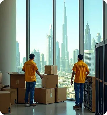 Movers preparing an office for an international relocation from Abu Dhabi