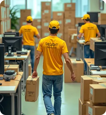 Movers with packed boxes in a Dubai apartment