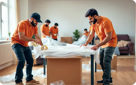 Movers wrapping an office desk in protective film before an office furniture move in Dubai