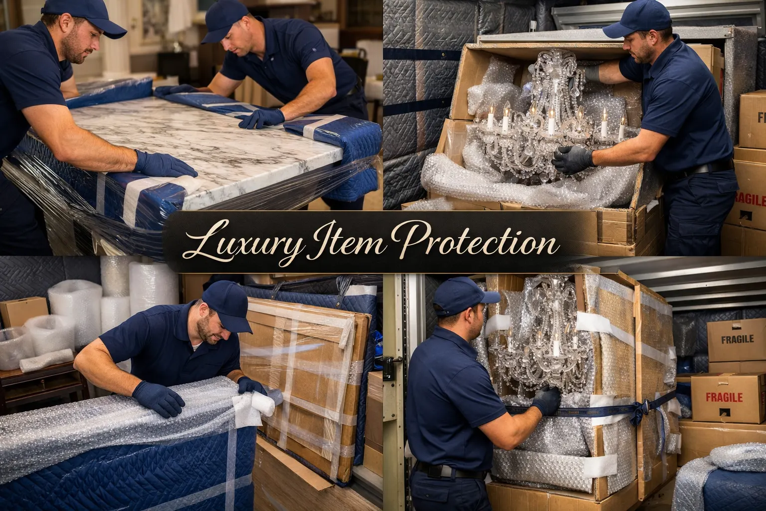 Professional moving crew in uniforms carefully wrapping and protecting high-end furniture including marble-top dining table, crystal chandel