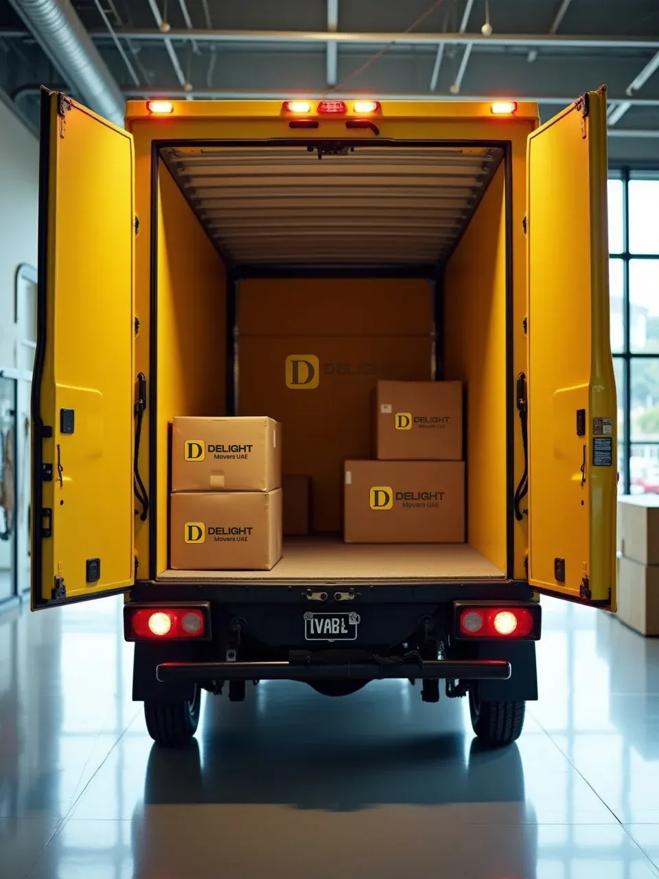 Delight Movers UAE truck loaded with packed moving boxes